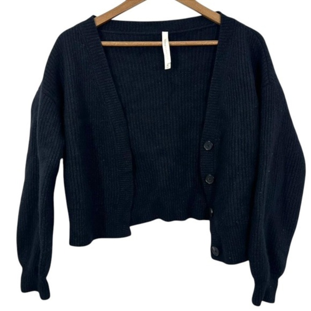 The Group by Babaton Merino Wool Black Cropped V Neck Cardigan Luxe Lounge Cozy